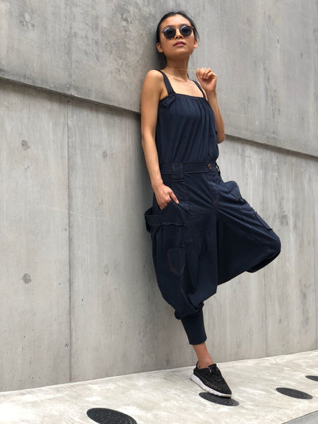 Denim style cotton harem jumpsuits with pockets