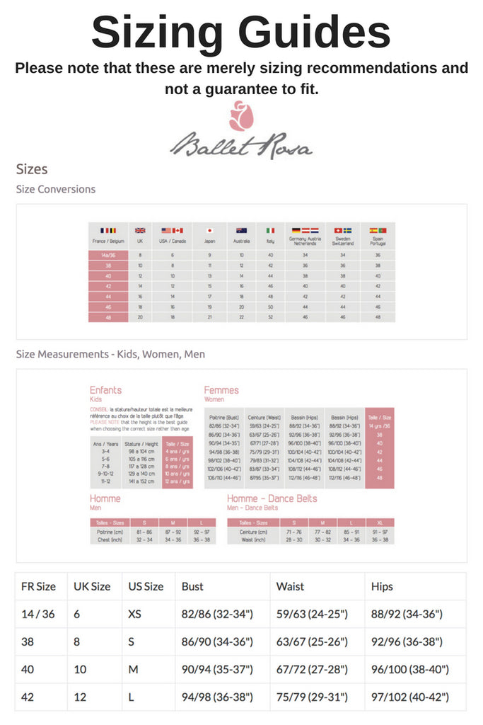 Ballet Rosa Sizing Chart