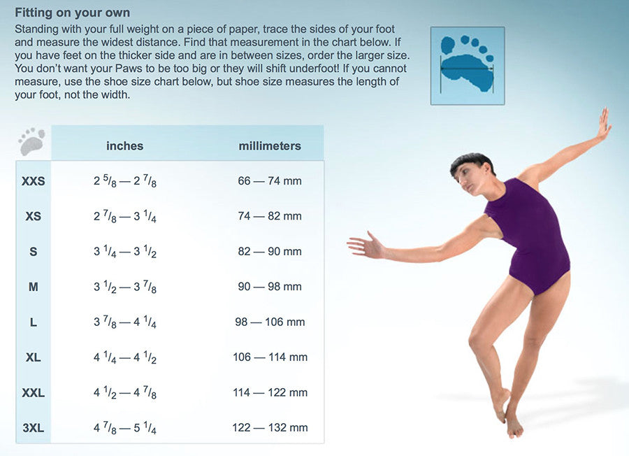 Dance Paws Sizing Chart