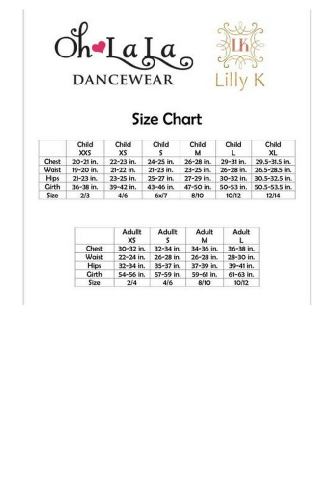 Oh La La Dancewear Sizing Chart