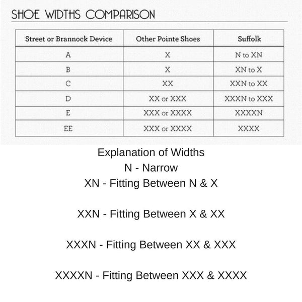 Suffolk Pointe Shoes Size Chart