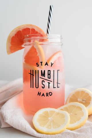 pink lemonade in a reusable glass tumbler
