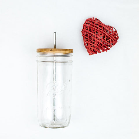 reusable glass mason jar tumbler with sustainable bamboo lid and stainless steel reusable straw