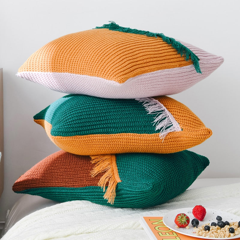 Orange and green boho fringe pillow