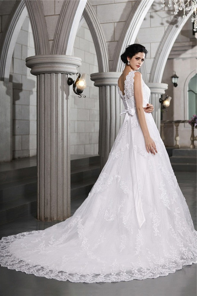 A-Line/Princess V-neck Sleeveless Beading Applique Long Organza Wedding Dresses DDP0006699