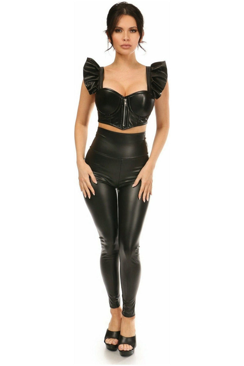 Daisy Corsets Lavish Black Faux Leather Underwire Bustier Top Wremovable Ruffle Sleeves