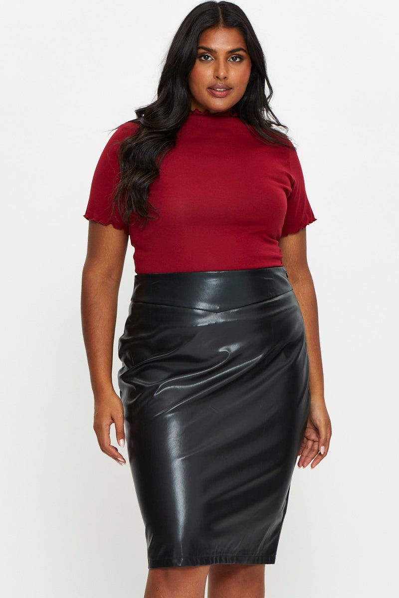 Plus Size Red Midi Pencil Skirt Faux Leather | You + All | Shop Online