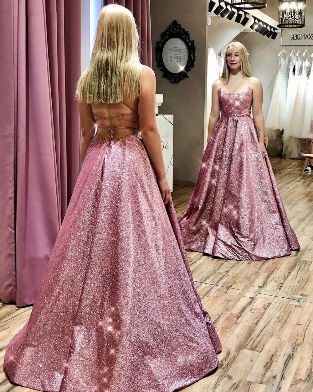Unique A line Pink Sequins Spaghetti Straps Prom Dresses, Evening SRS15678