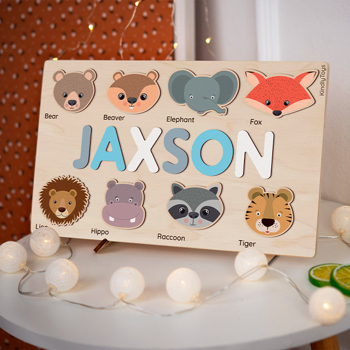 Woodland Animals Name Puzzle Board Toddler Montessori Toys 2nd Birthday Gift for Baby Girl or Baby Boy Woodland Nursery TWO SHAPES 