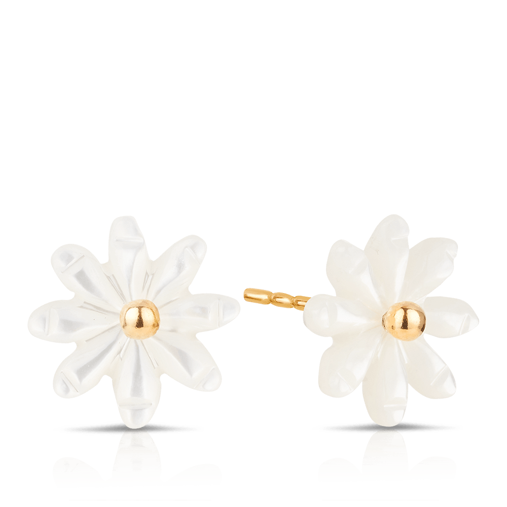 White Flower Stud Earrings in 9ct Yellow Gold