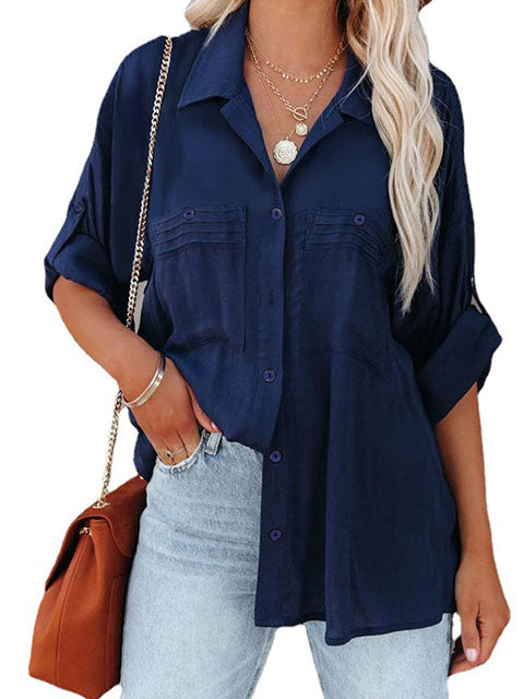 Solid Color Pocket Buttons Loose Shirt – huluchic