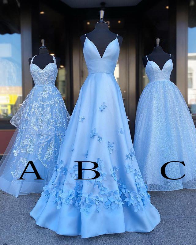 Charming Blue Spaghetti Straps V Neck Flowers Long Prom Dresses Satin Unique Formal Dresses SRS15098