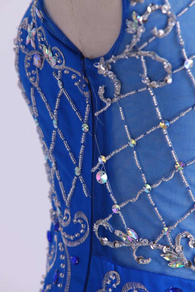 2022 Scoop Beaded And Fitted Bodice Trumpet Prom Dress Tulle