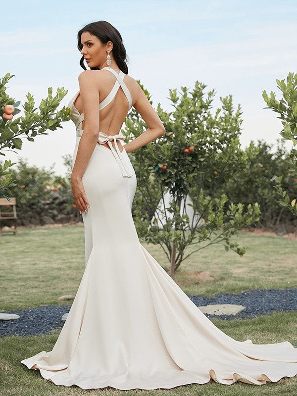 Sheath/Column Stretch Crepe Ruched V-neck Sleeveless Sweep/Brush Train Dresses DEP0001525