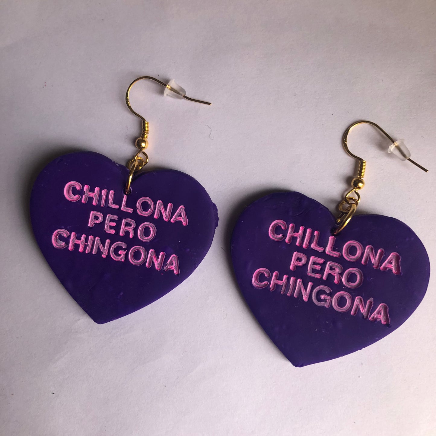 Chillona pero Chingona Valentine’s Day polymer clay heart-shaped earrings