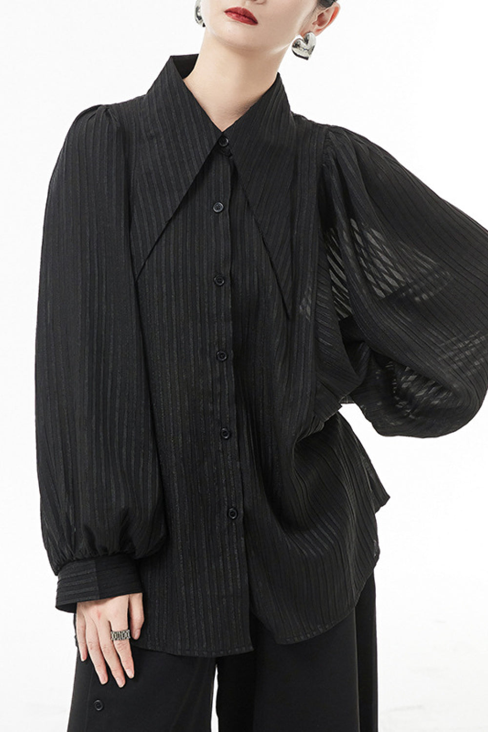 Dolman Sleeve Pointed Collar Sheer Shirt