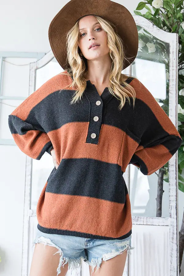 Rust and Charcoal Striped Sweater Top