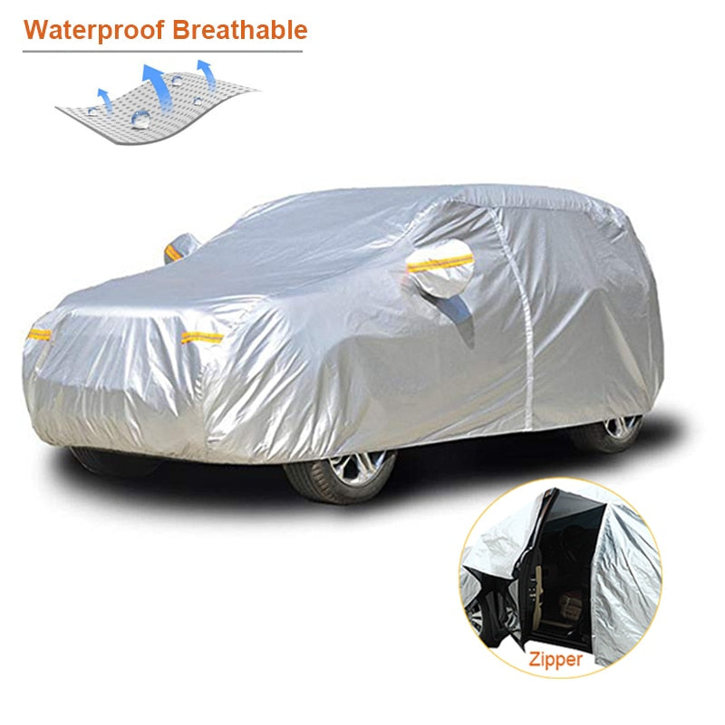 OCPTY Universal Car Cover Up to 210 Long fit for Trucks 190T Polyester Waterproof Full Auto Cover with Mirror Pockets Reflective Open with Zipper On Passenger Side Silver Grey 