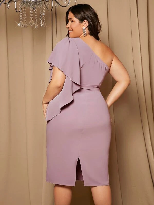One Shoulder Flutter Sleeve Split Back Dress