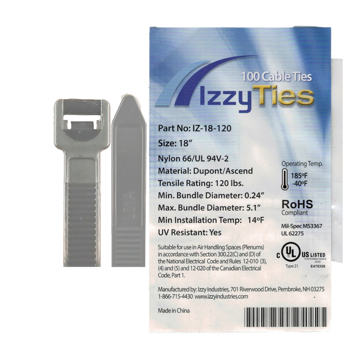 18"Nylon Zip Ties, Black, 120 lb.