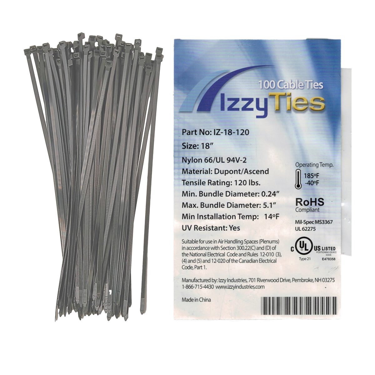 18"Nylon Zip Ties, Black, 120 lb.