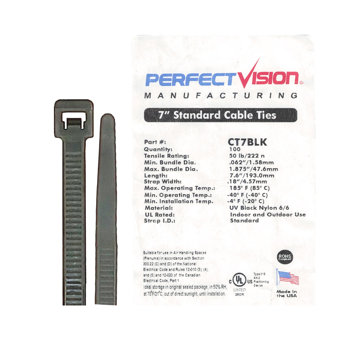 7" Black Nylon Zip Ties, Indoor/Outdoor, 50lb, Heavy Duty