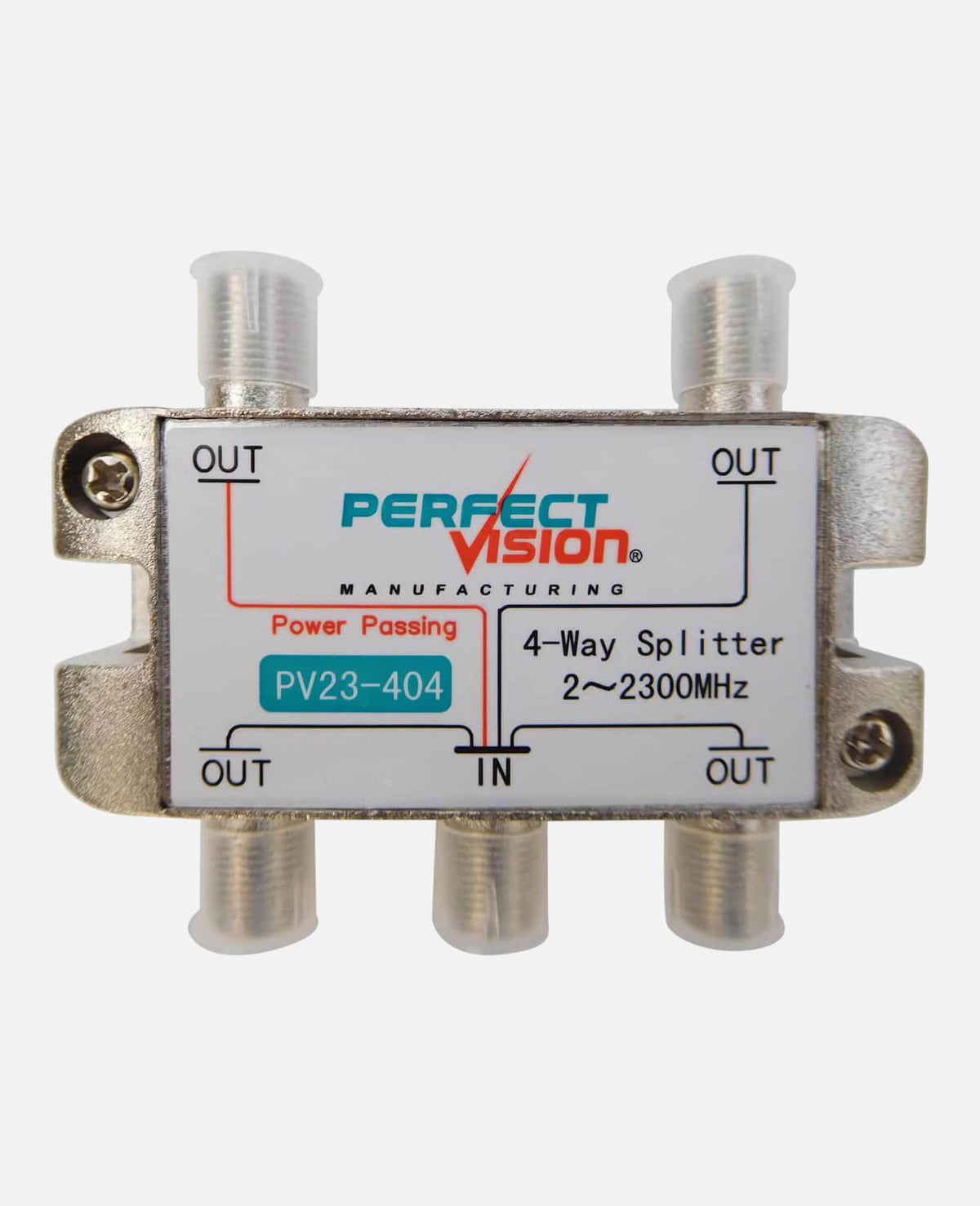 Perfect Vision 4 Way Coaxial Splitter 1 Port Power Passing 2-2300 Mhz (PV23404)