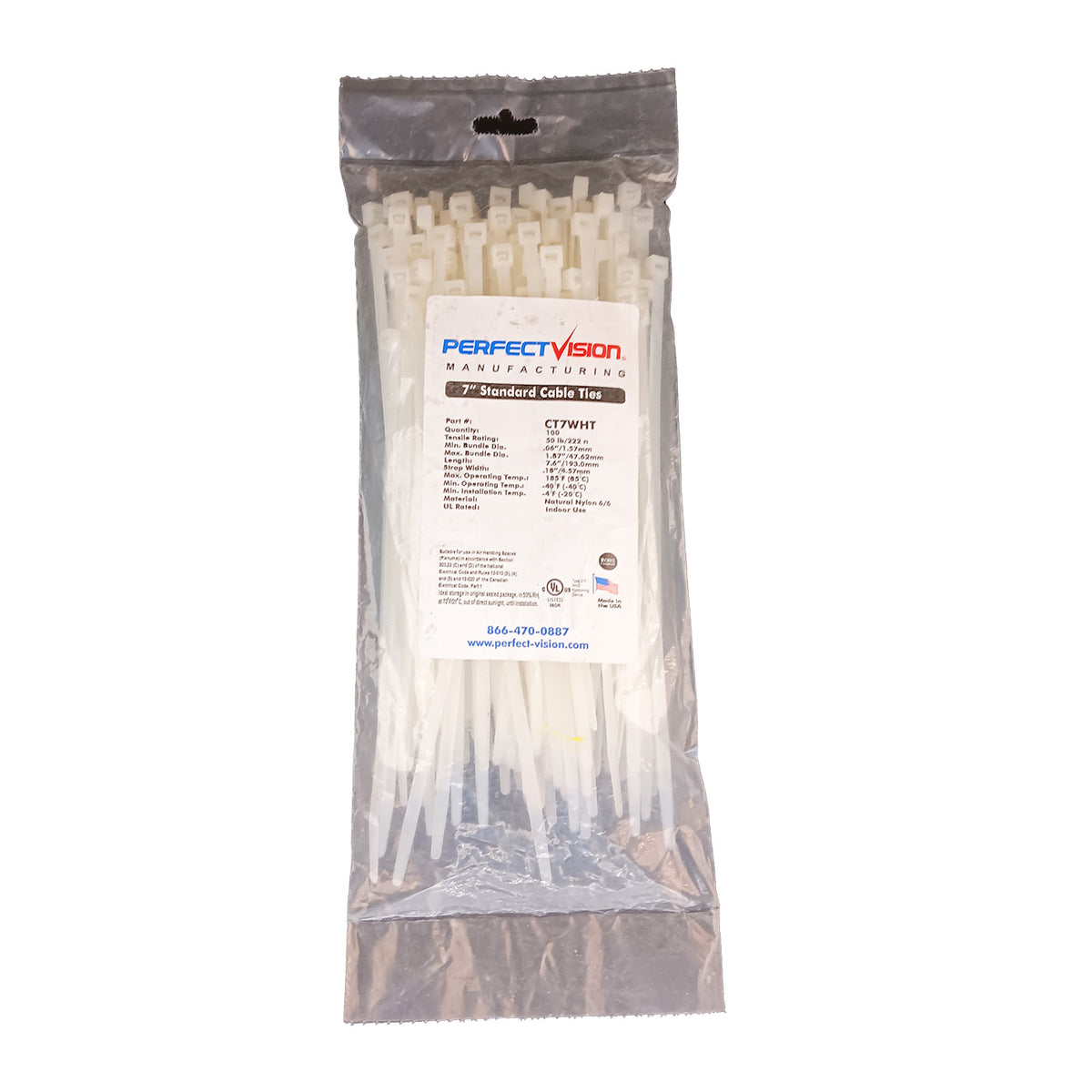 7" White Nylon Zip Ties, Indoor/Outdoor, 50lb, Heavy Duty, Directv Approved