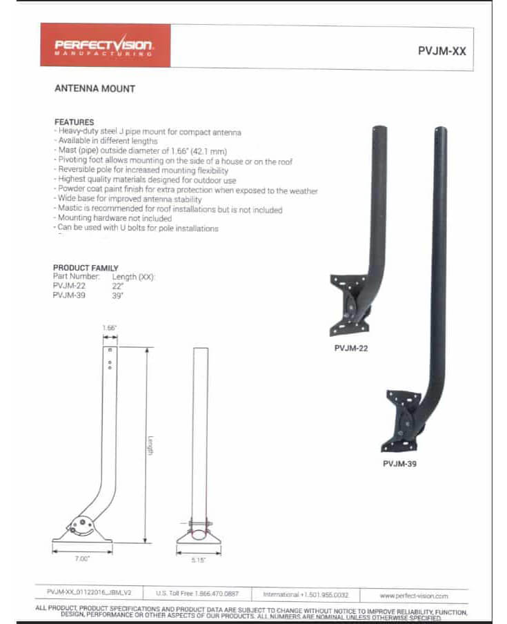 Universal 1 5/8" OD x 39" Inch Antenna J Mount(PVJM39)