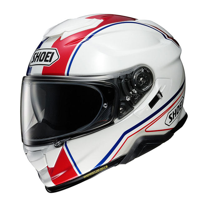 red white and blue motorcycle helmet