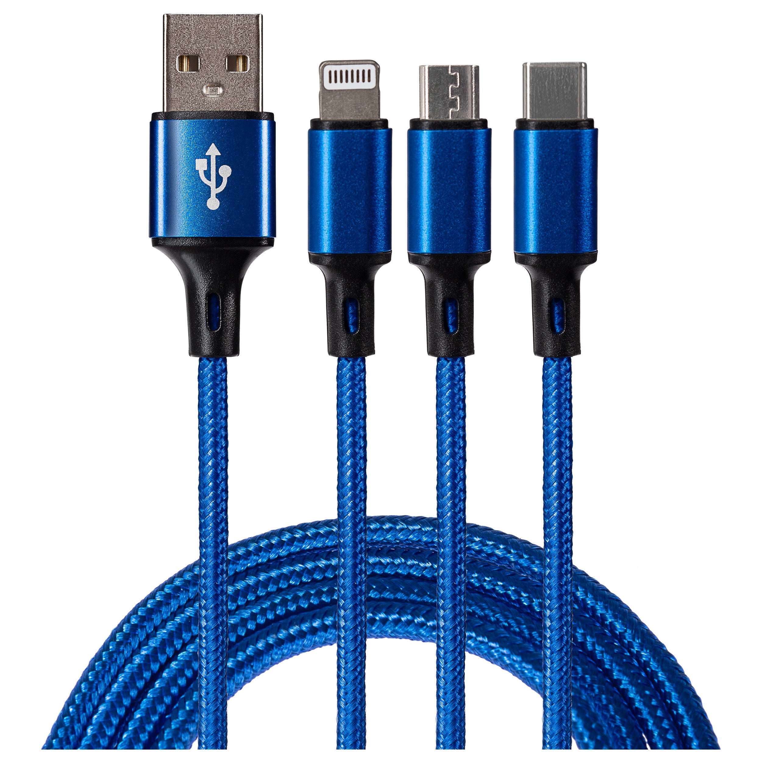 Maplin 3-in-1 USB-A to USB-C / Lightning / Micro USB Braided Charging Cable - 1.2m (Blue)
