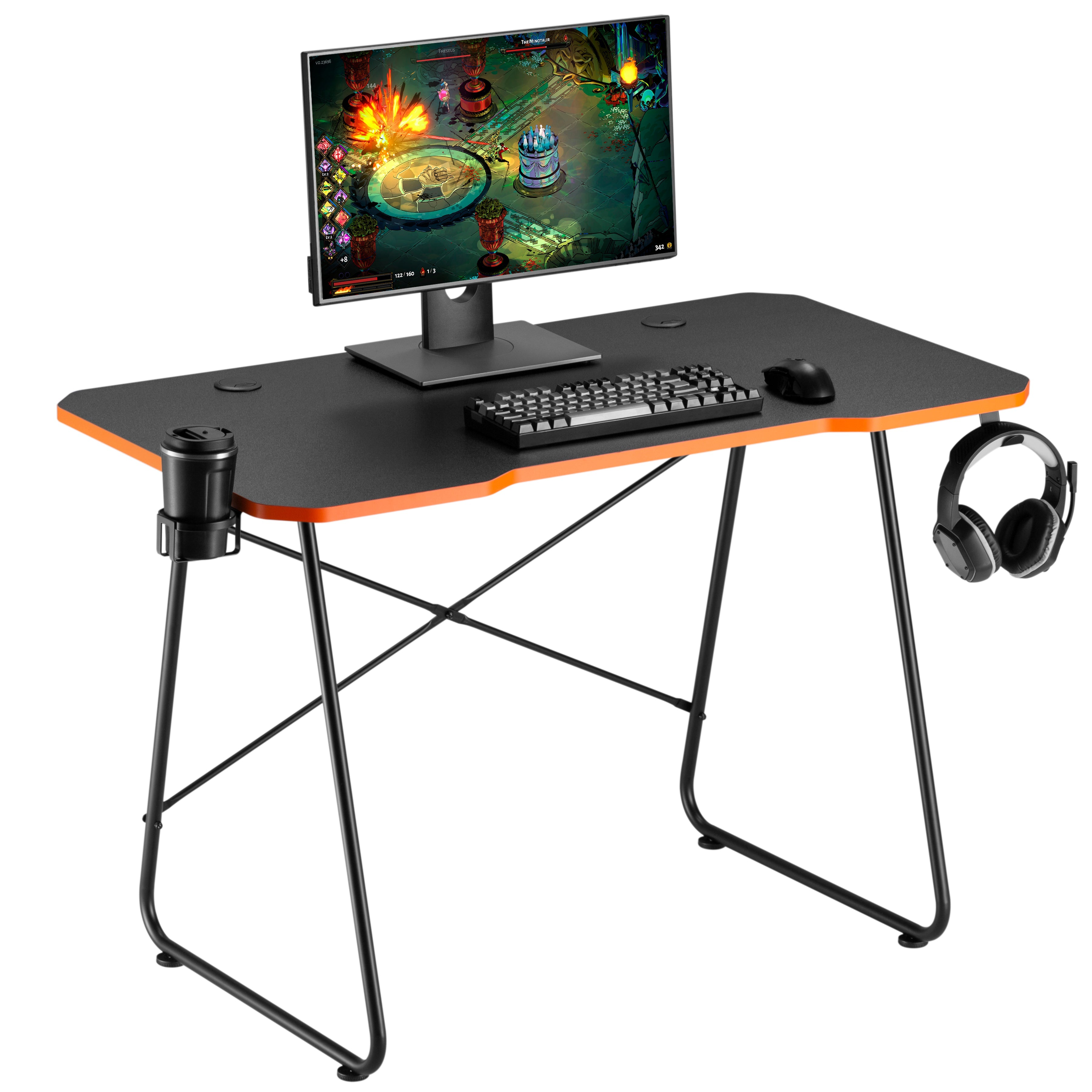 Maplin Gaming Desk with Headphone Hook & Cup Holder - Matte Black & Orange