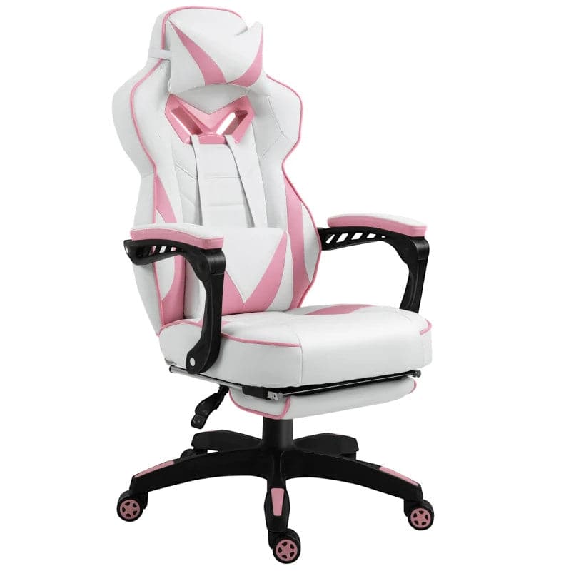 Maplin Ergonomic Racing Adjustable Reclining Gaming Office Chair with Headrest, Lumbar Support & Retractable Footrest (Pink)