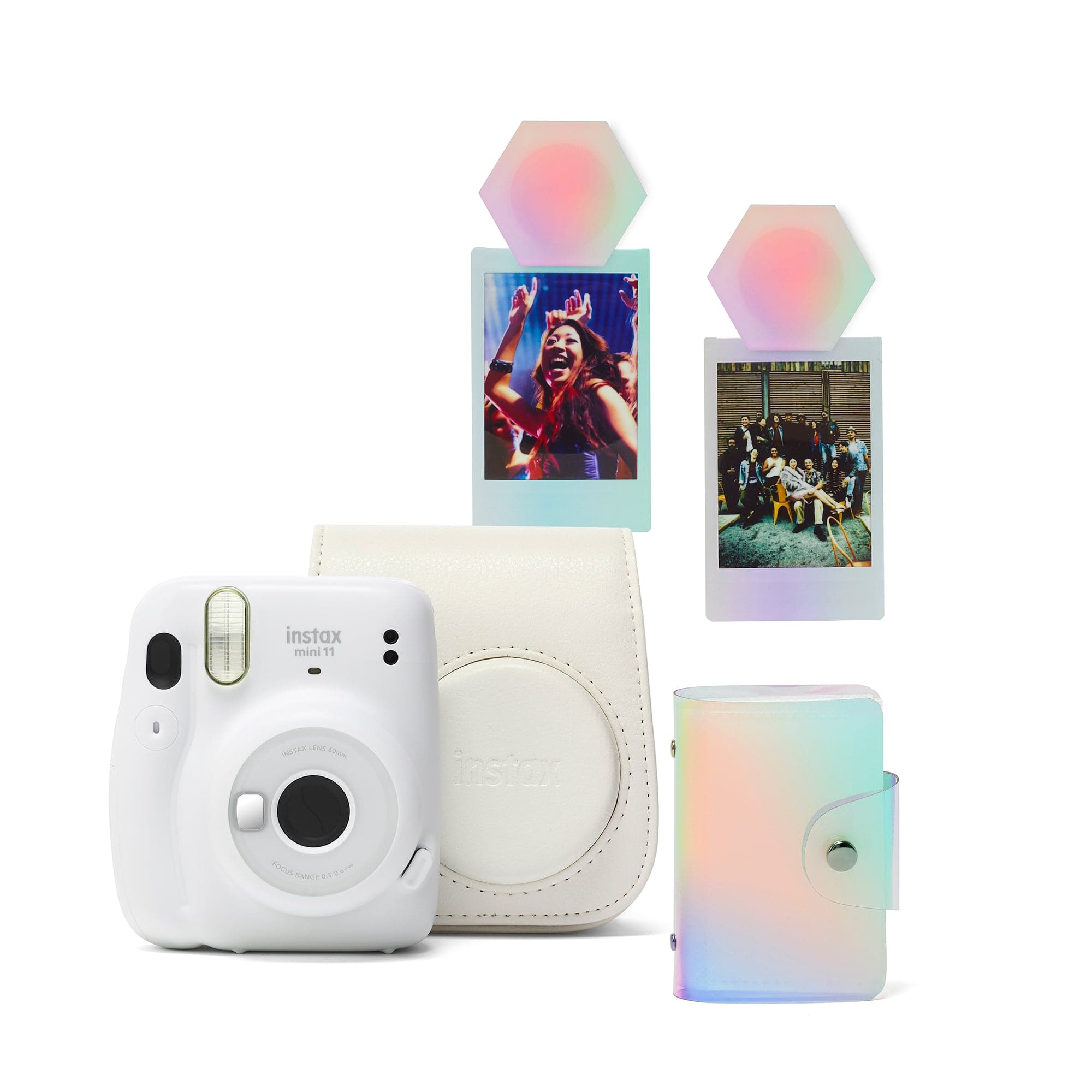 Fujifilm Instax Mini 11 Instant Camera Kit with Case, 10 shot Macaron Film, Iridescent Album & Magnets - Ice White