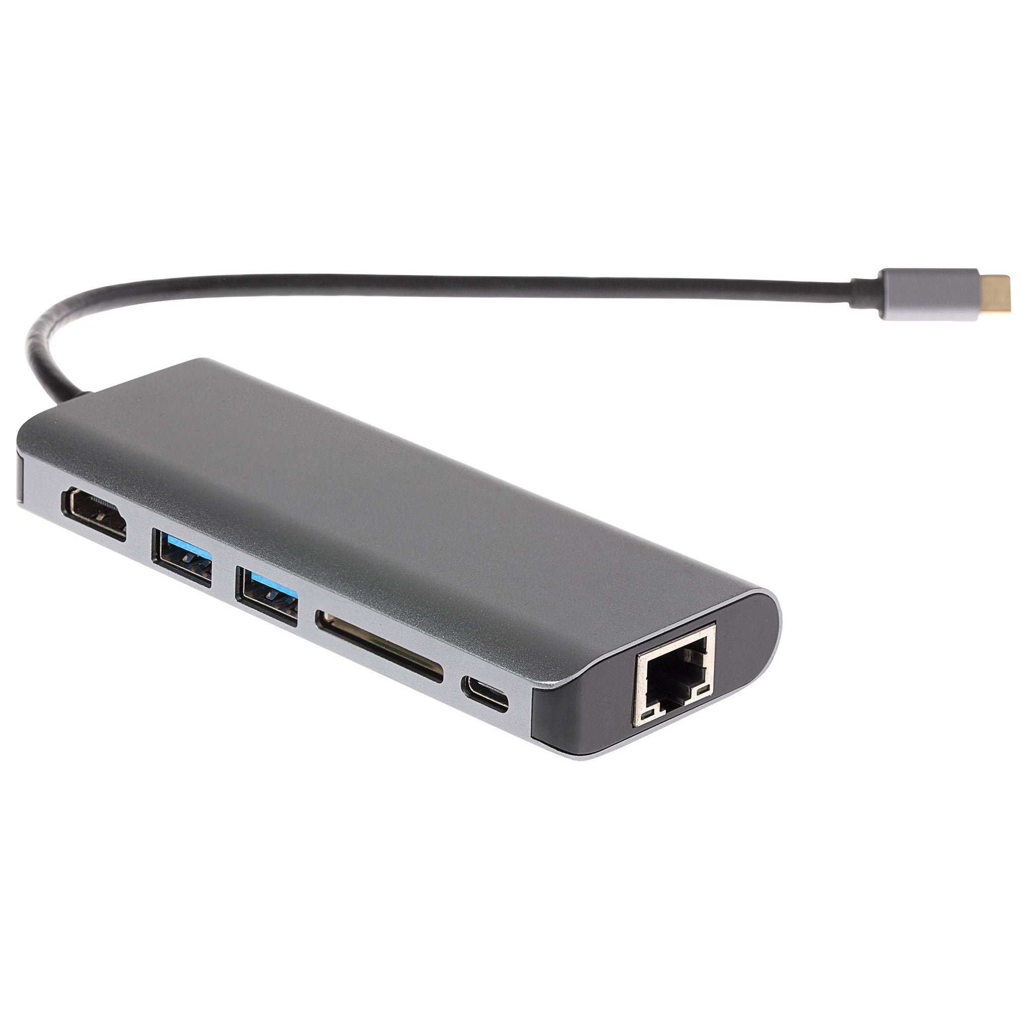 Nikkai USB-C Multiport Hub to 2x USB-A 3.0 / HDMI 4K / Gigabit RJ45 / USB-C PD / SD Card Reader - Silver