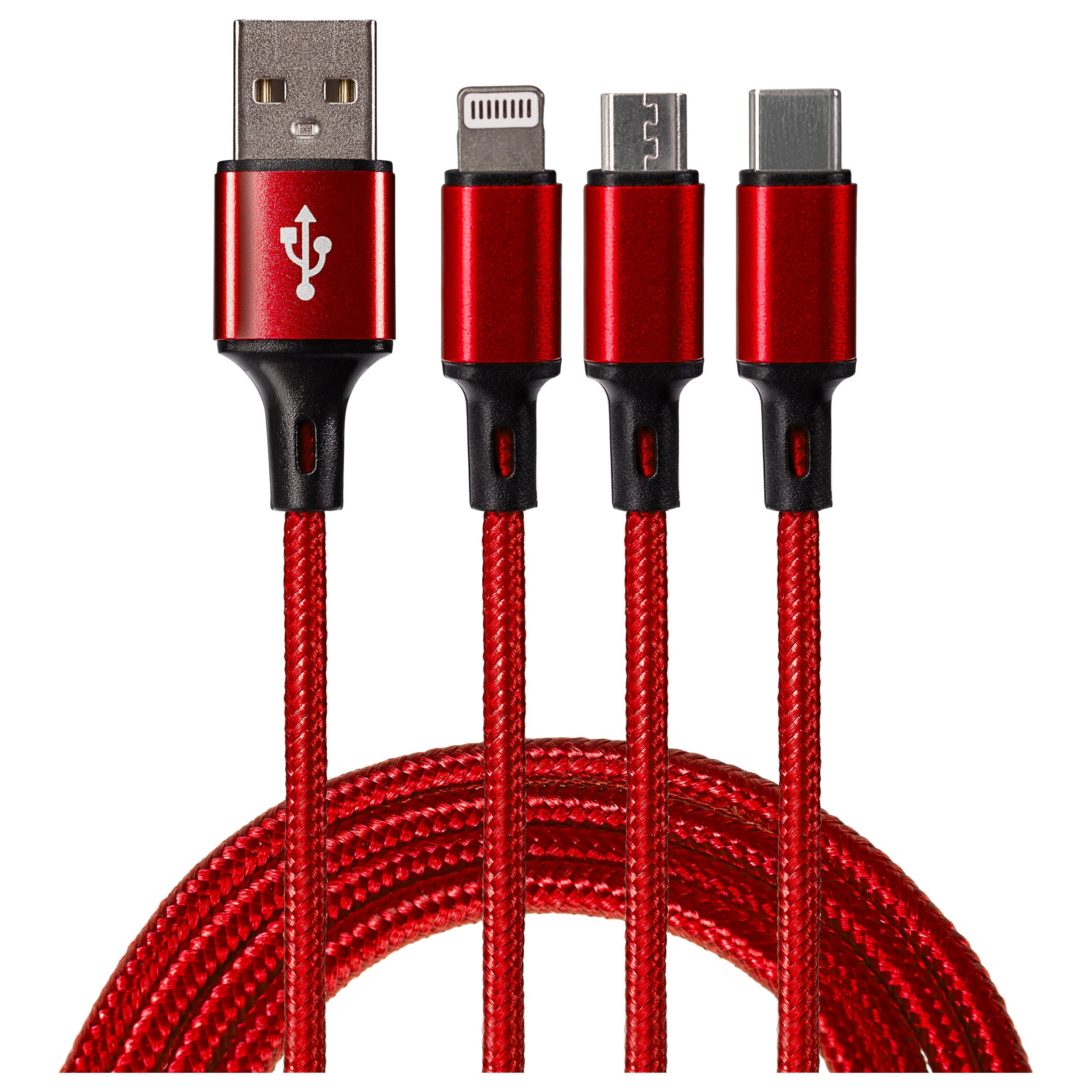 Maplin 3-in-1 USB-A to USB-C / Lightning / Micro USB Braided Charging Cable - 1.2m (Red)