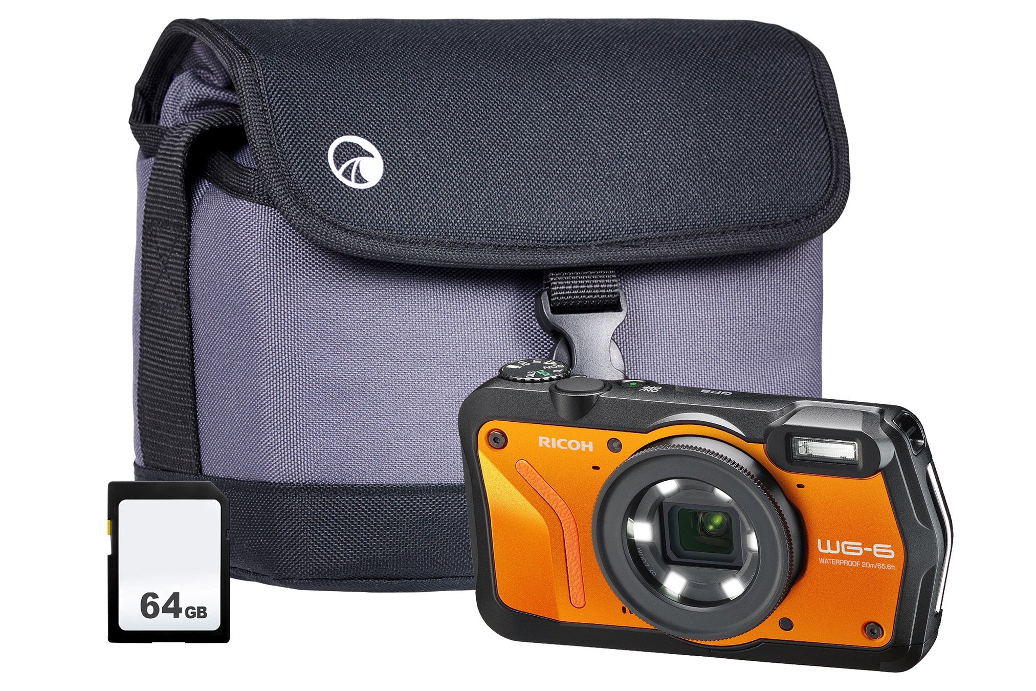 Ricoh WG-6 20MP 5x Zoom Tough Compact Camera - Orange (Camera + 64GB SD Card + Case)