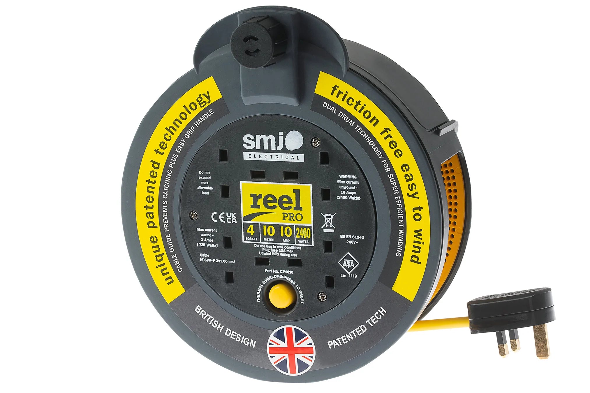 SMJ Electrical 4 Socket ReelPro Cassette 10A Friction Free Cable Reel - 10m