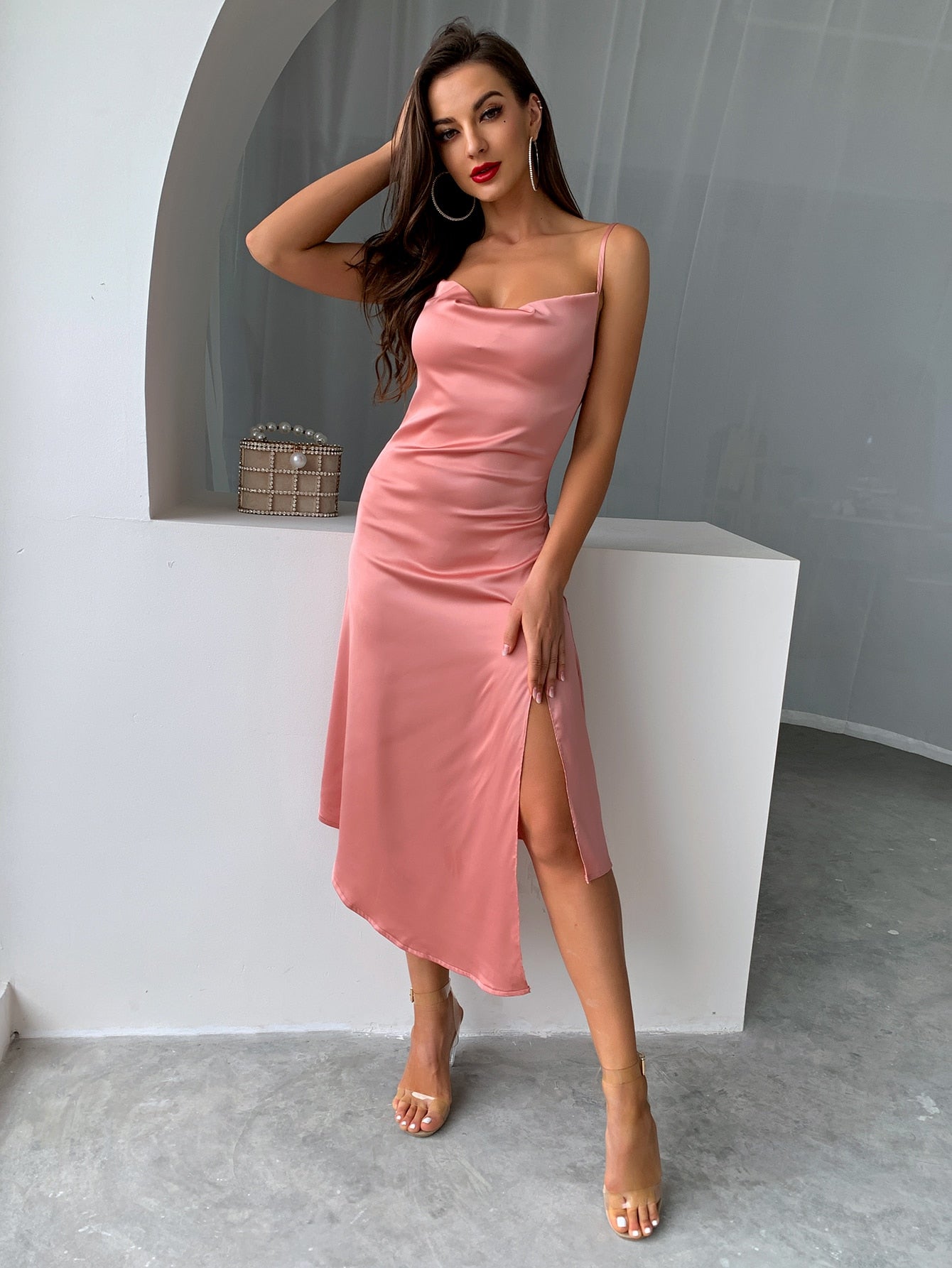 Spaghetti Strap Cowl Neck Split Dress