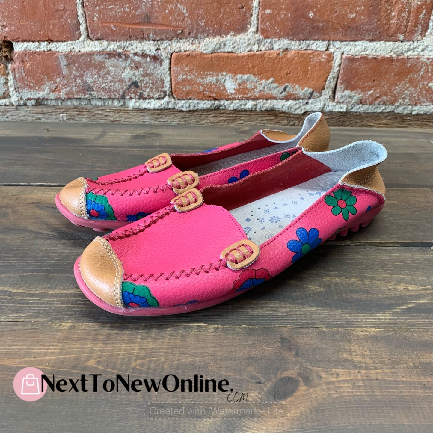 Women's Size EU 38 Leather Loafers Bright Color Casual Flower Printed Slip On Flats