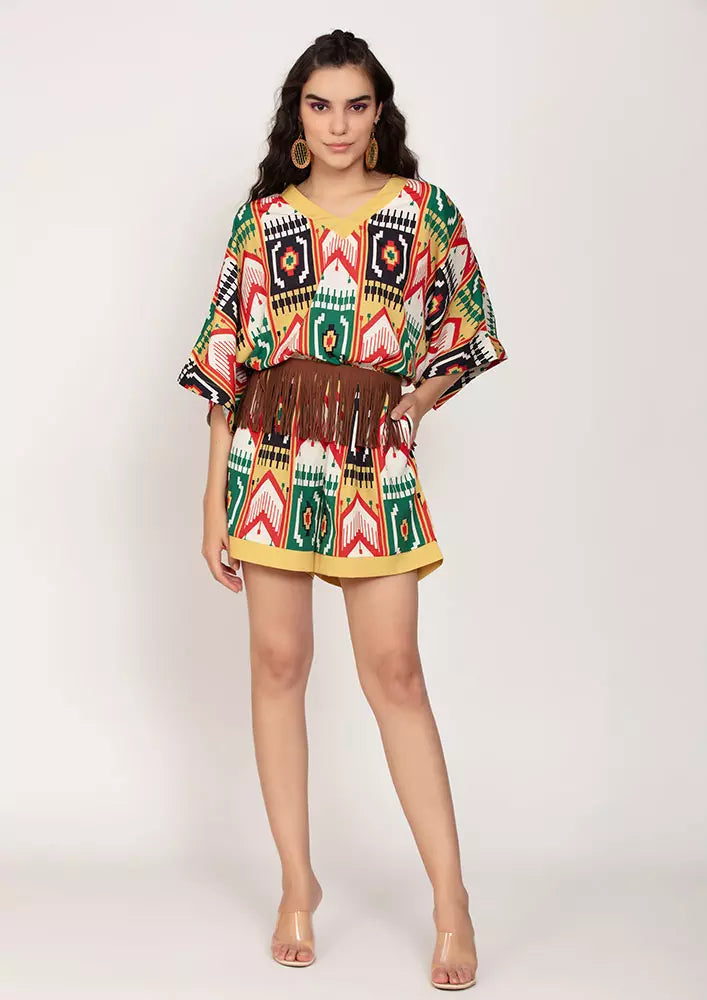 Ikat Print Multicolor Crepe Romper With Suede Fringe Waist Belt