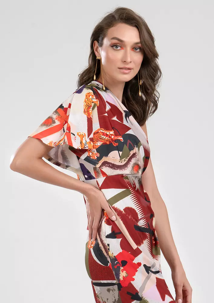 Tiger Print One Shoulder Fringe Hem Wrap Midi Dress