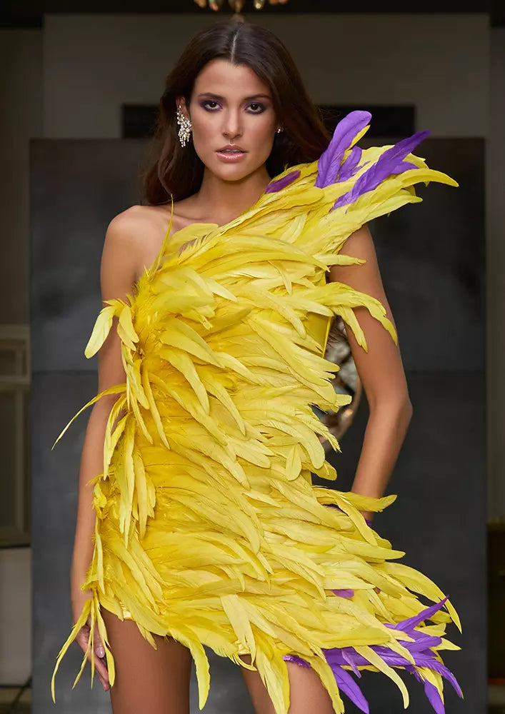 Yellow Feather One Shoulder Bodycon Mini Dress