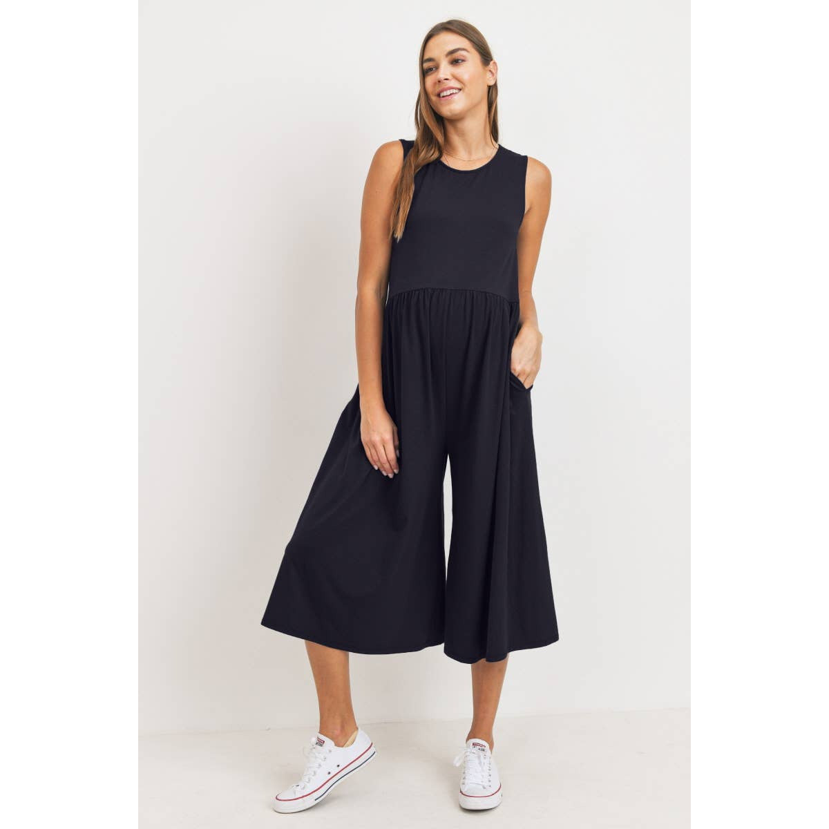 Zipper Back Wide Capri Maternity Jumpsuit | Navy