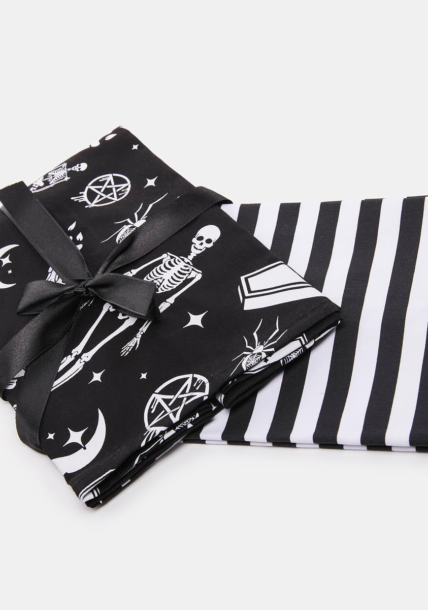 Dolls Home Skeleton Coffin Striped Tea Towels - Black/White