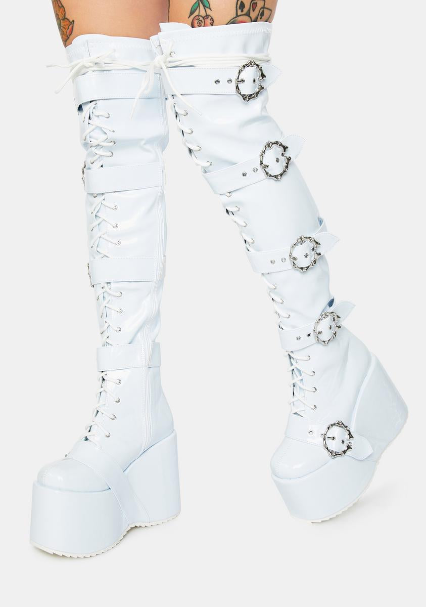 Patent Faux Leather Lace Up Knee High Boots - White