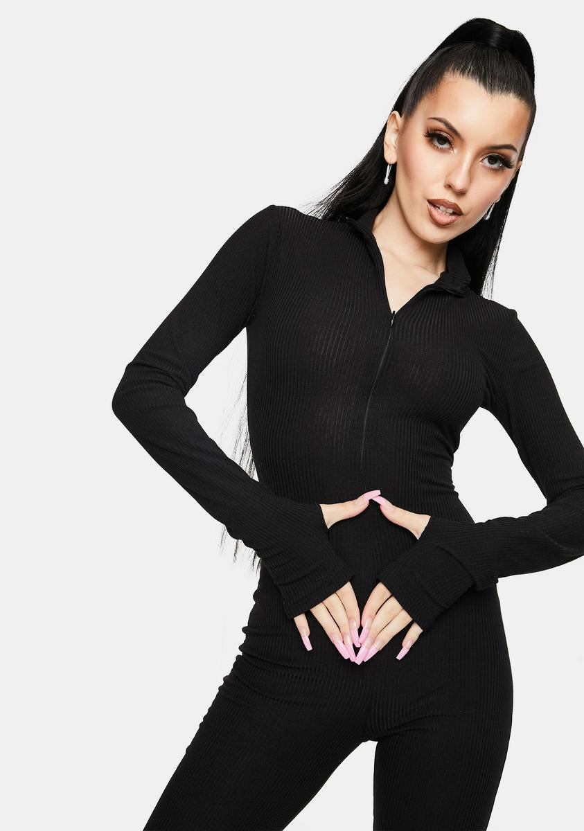 Zip Up Long Sleeve Jumpsuit With Ruched Cuffs - Black – Dolls Kill