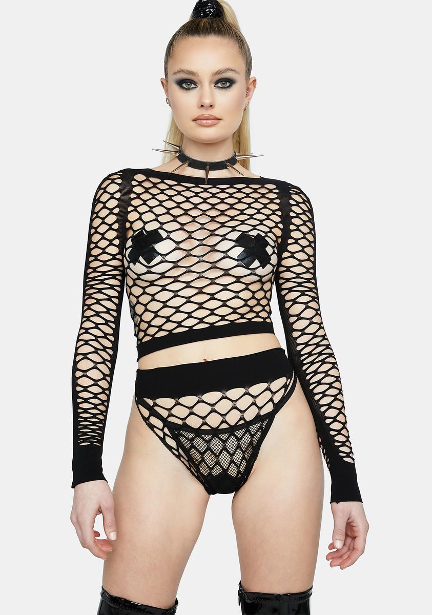 Fishnet Long Sleeve Crop Top And Panty Set - Black