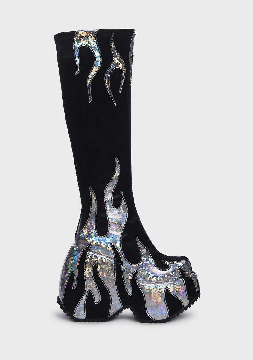 Club Exx Holographic Flame Knee High Platform Boots - Black/Silver