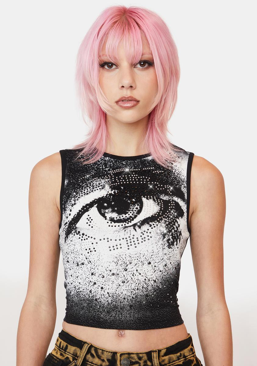 Jaded London Rhinestone Eye Print Crop Tank - Black/White